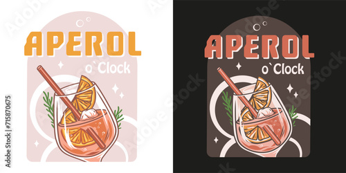 Aperol cocktail vector with ice and slice of orange for cocktail bar or drink summer party. Aperol spritz or alcohol cocktail with gin for tee print of beach bar and cafe menu