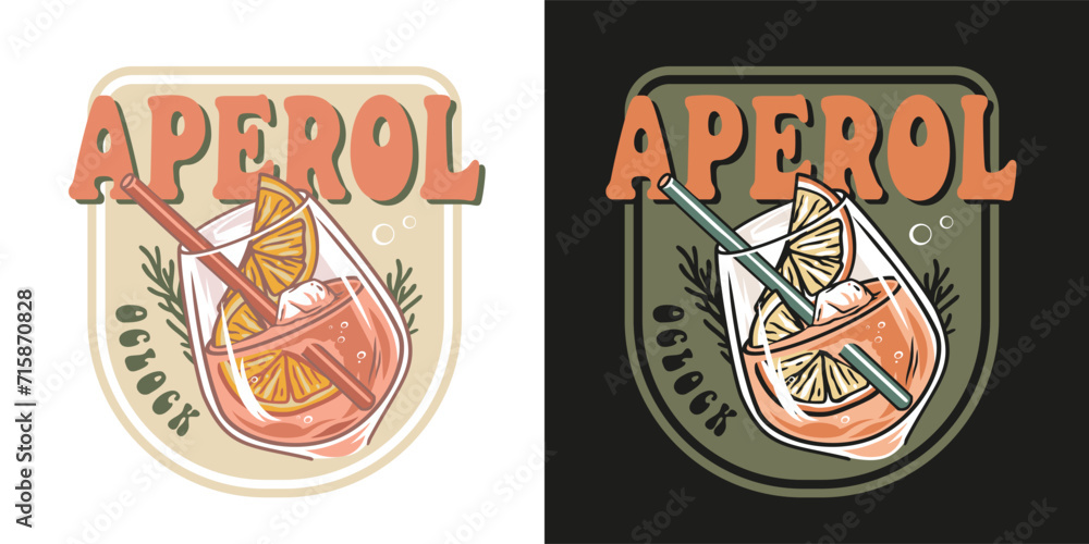 Aperol cocktail vector with ice and slice of orange for cocktail bar or drink summer party. Aperol spritz or alcohol cocktail with gin for tee print of beach bar and cafe menu Aperol cocktail vector with ice and slice of orange for cocktail bar or drink summer party. Aperol spritz or alcohol cocktail with gin for tee print of beach bar and cafe menu