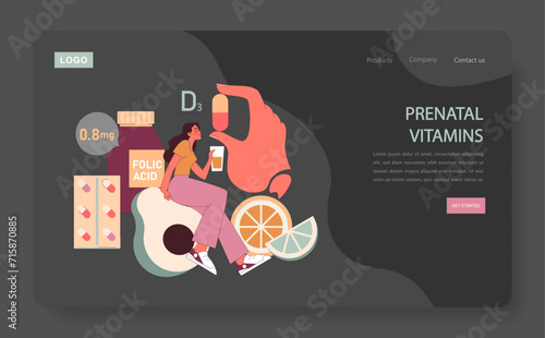 Prenatal Vitamins concept. An expecting mother takes essential supplements, highlighting the importance of folic acid, vitamin D3, and more for fetal health. Nutrition during pregnancy. Flat vector.