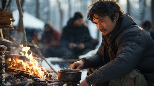 Young man cooking near winter tent camp in the snow forestsurvival, people, and camping concept.