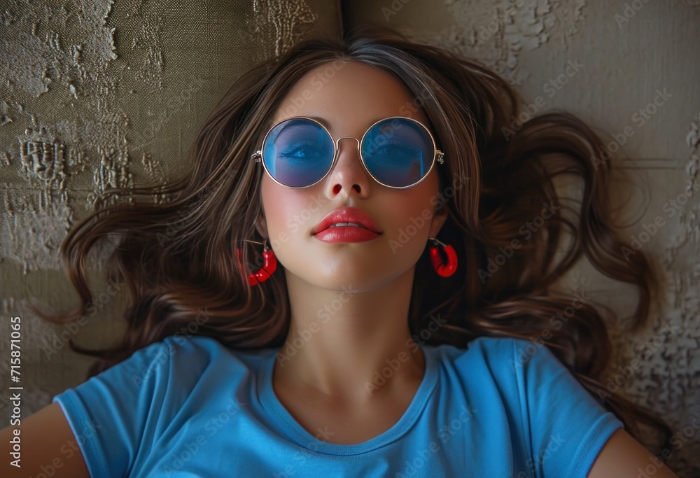 woman with a blue shirt and blue sunglasses, woman with a blue shirt and blue sunglasses,
