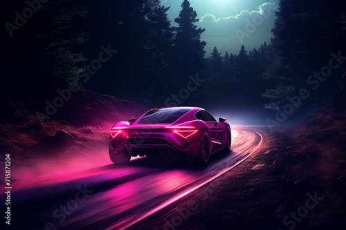 A bright magenta super-sport car  leaving a trail of light on a dark  deserted rural road 