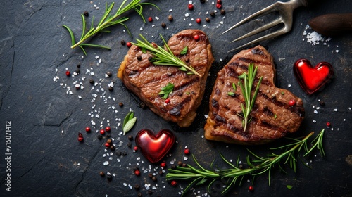 A culinary presentation featuring two succulent heart shaped grilled steaks, garnished with fresh rosemary sprigs, scattered peppercorns, coarse salt crystals, and accompanied by two glossy red heart