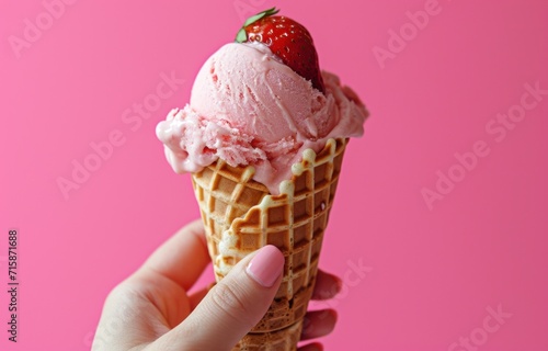 a hand holding a waffle cone with strawberry ice cream