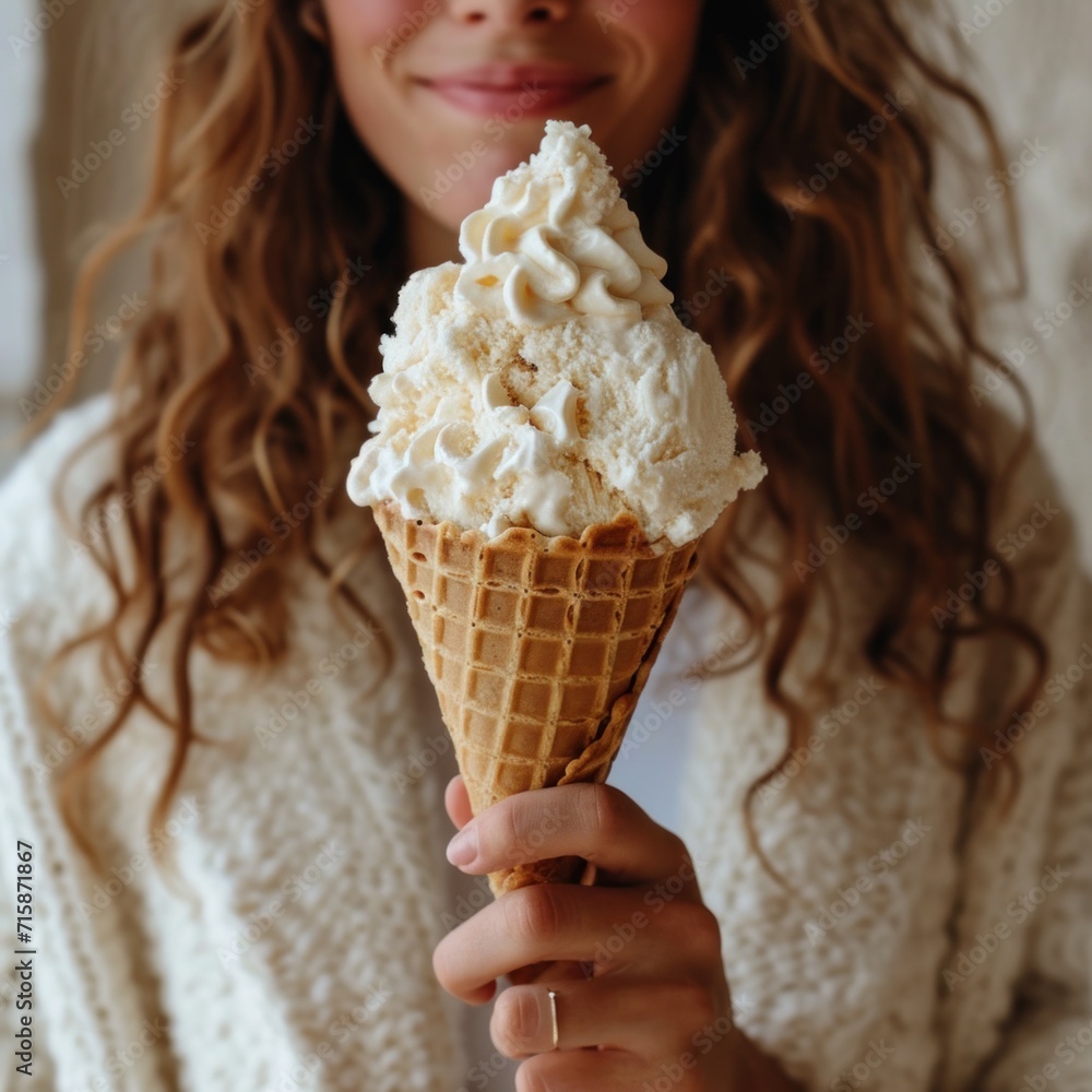 an image of a person holding a waffle cone with ice cream