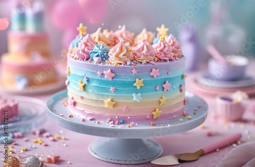 blue  pink  and yellow rainbow birthday cake on a table with stars over it