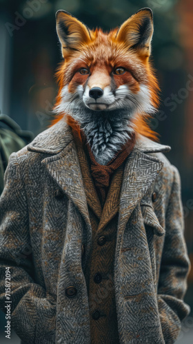 Fashionable red fox traverses city streets in tailored elegance, epitomizing street style. The realistic urban backdrop frames this vulpine beauty, seamlessly merging russet charm with contemporary fl