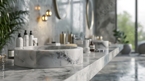 Gleaming marble stand for showcasing bathing items against hazy restroom backdrop.