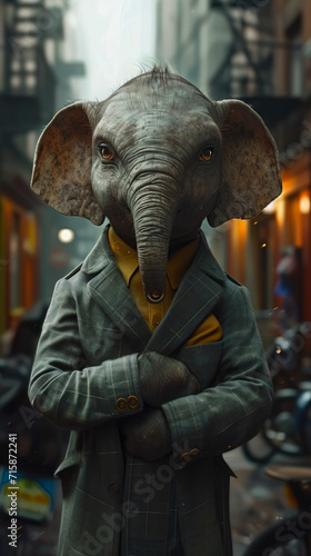 Elegant elephant gracefully walks through urban streets, adorned in tailored sophistication, epitomizing street style. The realistic city backdrop captures the majestic presence blended with contempor