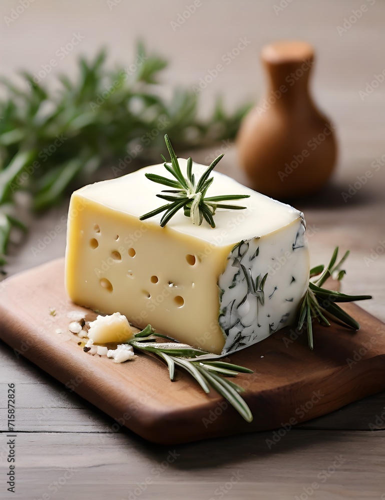 Piece of cheese that looks very appetizing. It has numerous small holes and a delicate white color. 