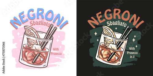 Negroni cocktail vector with ice and slice of orange for cocktail bar or drink summer party. Negroni sbagliato or alcohol cocktail for tee print of beach bar and cafe menu