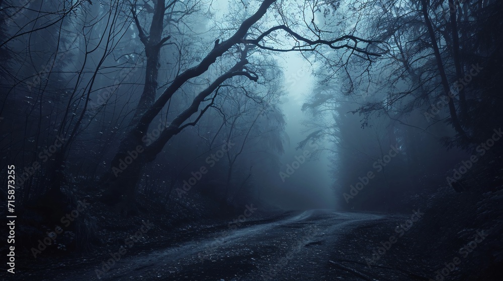 Enigmatic shadowy woods enveloped in fog on a spooky Halloween night, featuring a foreboding landscape with eerie trees.