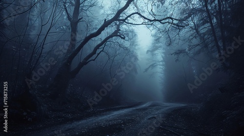 Enigmatic shadowy woods enveloped in fog on a spooky Halloween night, featuring a foreboding landscape with eerie trees. photo