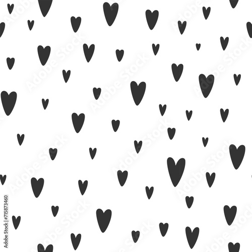 Seamless pattern of Black heart shapes. Minimalist monochrome illustration. Abstract hand drawn hearts background. Love pattern for wrapping paper, wallpaper, print