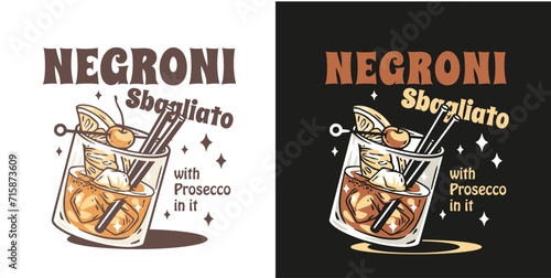 Negroni cocktail vector with ice and slice of orange for cocktail bar or drink summer party. Negroni sbagliato or alcohol cocktail for beach bar and cafe menu photo
