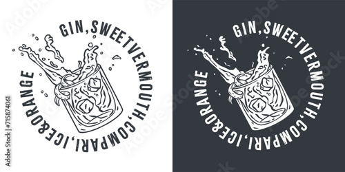 Negroni cocktail vector with ice and slice of orange for cocktail bar or drink summer party. Monochrome negroni sbagliato or alcohol cocktail for beach bar and cafe menu