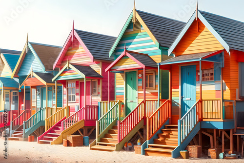 Vibrant Display of Colorful Seaside Beach Huts on a Sunny Day