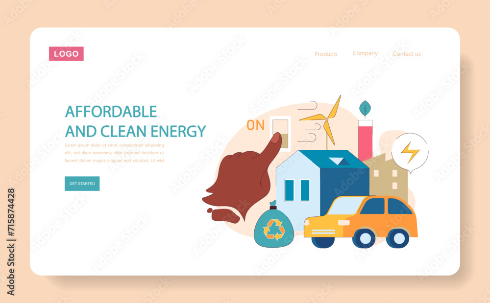 Affordable and clean energy web or landing. Transition to renewable power sources for sustainable living. Sustainable electricity consumption. Power generation source. Flat vector illustration Affordable and clean energy web or landing. Transition to renewable power sources for sustainable living. Sustainable electricity consumption. Power generation source. Flat vector illustration