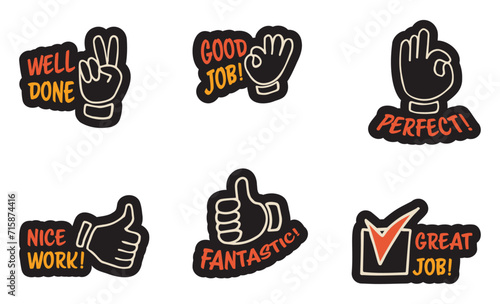 Set of colorful stickers with inspirational and motivational, positive slogans, phrases, compliments, lettering quotes. Hand drawn vector doodles in flat style, sketch style.