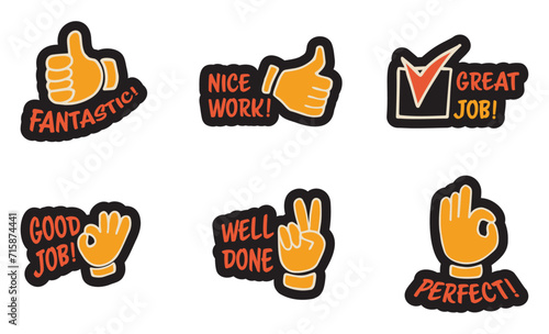 Set of colorful stickers with inspirational and motivational, positive slogans, phrases, compliments, lettering quotes. Hand drawn vector doodles in flat style, sketch style.