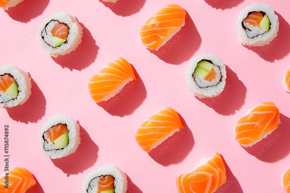Flat lay of sushi on a pastel pink background. Flat lay of sushi on a pastel pink background.