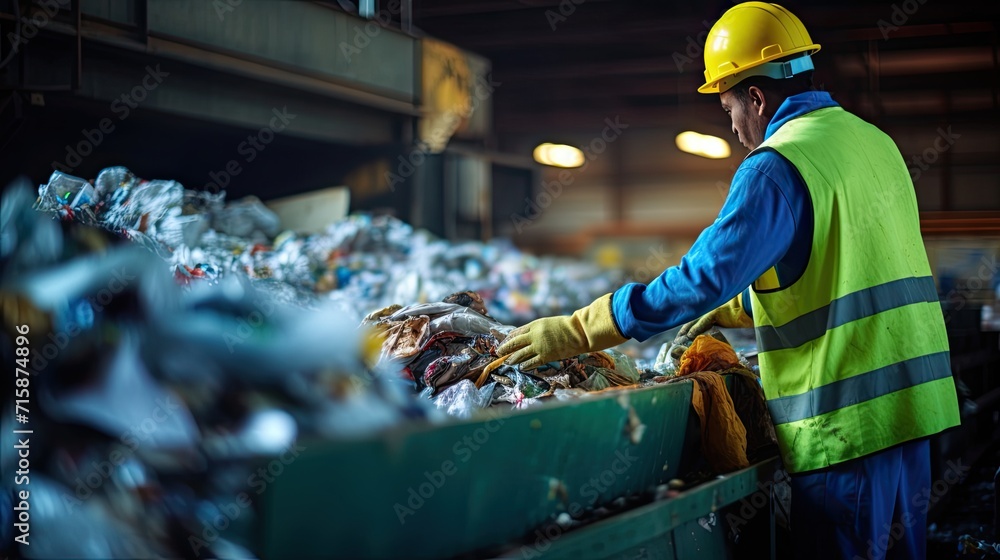 Worker sorts garbage on conveyor belt at waste recycling plant, business for sorting and processing of waste Worker sorts garbage on conveyor belt at waste recycling plant, business for sorting and processing of waste