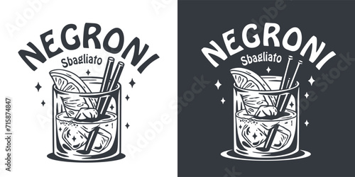Negroni cocktail vector with ice and slice of orange for cocktail bar or drink summer party. Monochrome negroni sbagliato or alcohol cocktail for beach bar and cafe menu