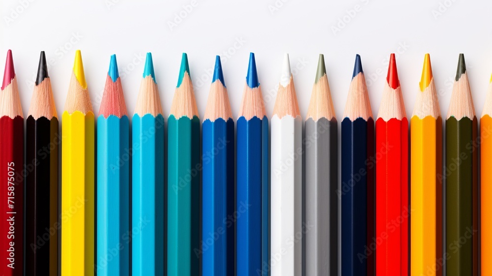 Fototapeta premium Assorted color pencils with white outer on white background for art and design projects