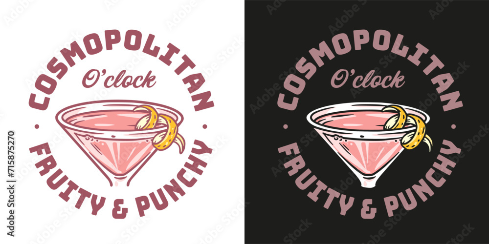 Fototapeta premium Cosmopolitan cocktail vector with orange zest for cocktail bar or drink summer party. Alcohol cocktail with vodka for tee print of beach bar and cafe menu