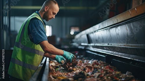 Worker sorts garbage on conveyor belt at waste recycling plant, business for sorting and processing of waste  photo