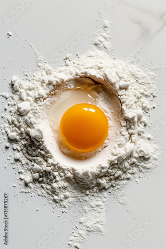 Top view of egg yolk and flour on a white background.Minimal concept.