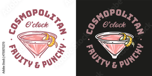 Cosmopolitan cocktail vector with orange zest for cocktail bar or drink summer party. Alcohol cocktail with vodka for tee print of beach bar and cafe menu
