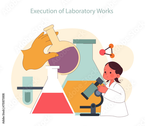 Children learn. Elementary school classes. Young scientist conducts experiments, studying chemistry with flasks and a microscope. Academic knowledge gaining. Flat vector illustration