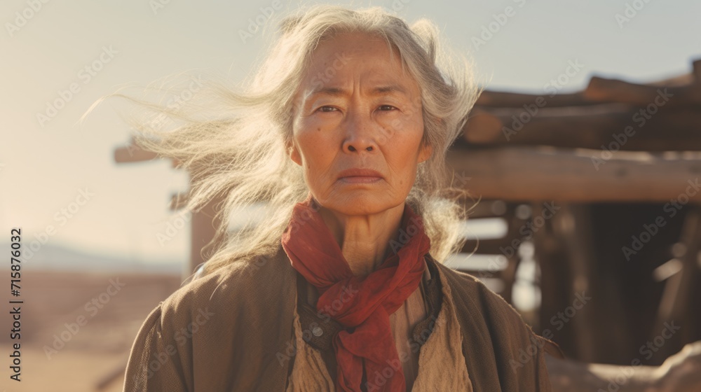 Photorealistic Old Chinese Woman with Blond Straight Hair retro Illustration. Portrait of a person in western movie vintage style. Cowboy spirit Ai Generated Horizontal Illustration. Photorealistic Old Chinese Woman with Blond Straight Hair retro Illustration. Portrait of a person in western movie vintage style. Cowboy spirit Ai Generated Horizontal Illustration.