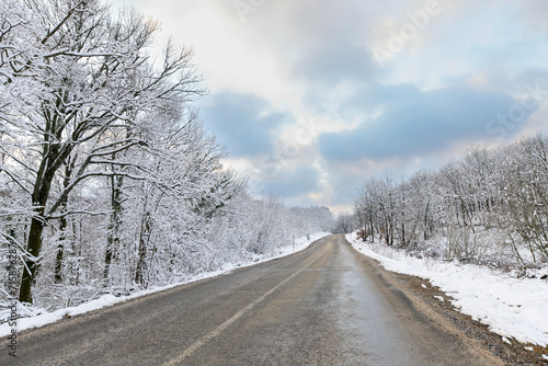 Snow covered road. Snow-covered forest road to Igneda nature park. Turkey winter holidays.