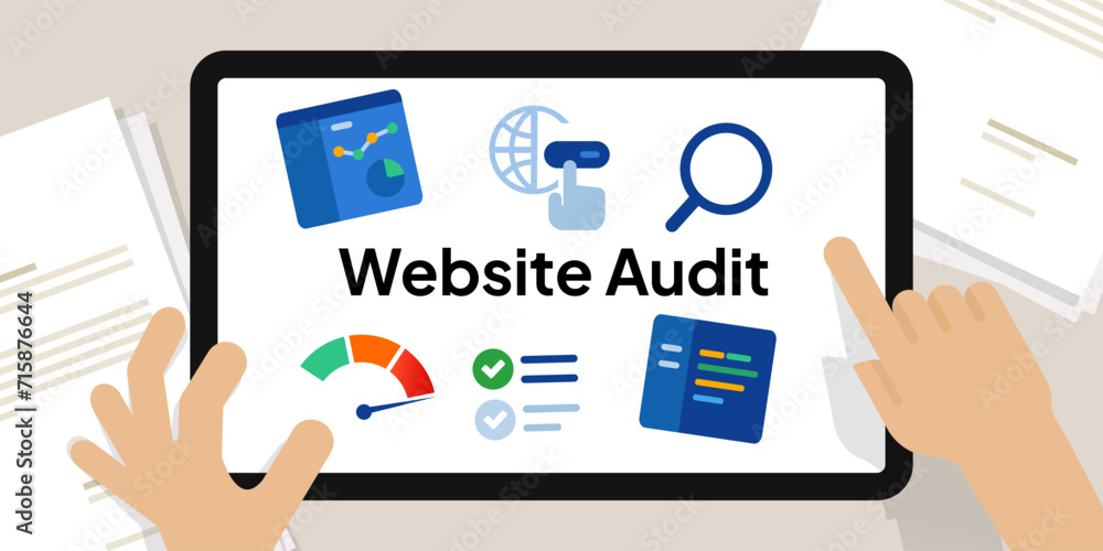 Website audit web page SEO auditing quality review for improvement hand on screen illustration