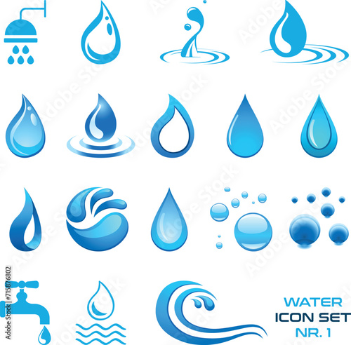 Wasser, Wassertropfen, Welle, Wasserhahn, Dusche - Icon Set
