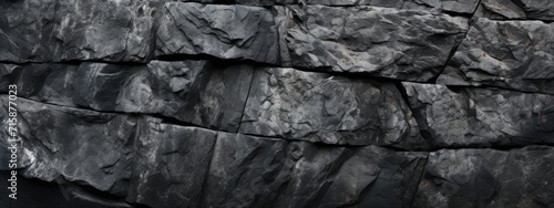 Black wall, grunge stone texture, dark gray rock surface background. Modern banner