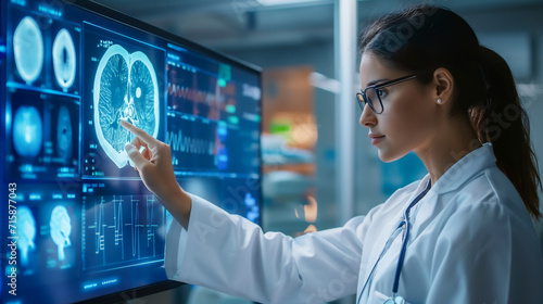 Young female doctor standing,looking and pointing at the brain x-ray images with modern medical technology on a digital display,Healthcare and futuristic medical concept.