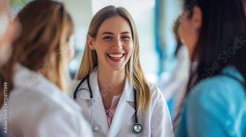 Smiling young beautiful women doctor with wearing white coat standing and looking at camera with groub of doctor and nurse in hospital Healthcare and medical concept.