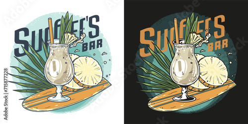 Pina Colada cocktail on the surf with slice of pineapple for summer party. Surfer alcohol exotic pina cocktail