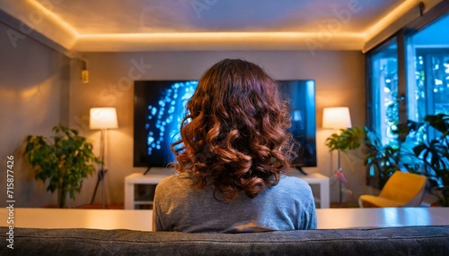 moça longos cabelos assistindo televisão na sala aconchegante de casa photo