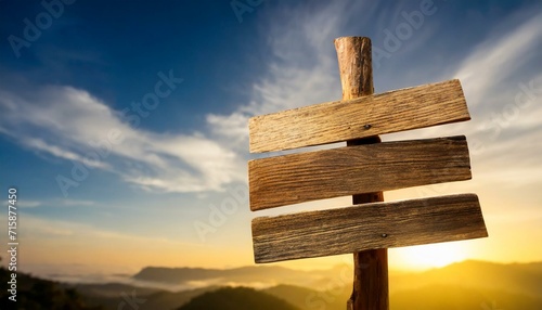 placas de madeira em frente a uma bela paisagem photo