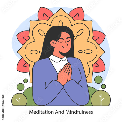 Dopamine fasting concept. Illustration of a woman in meditation, surrounded by a lotus motif, symbolizing mindfulness and inner peace. Flat vector illustration.
