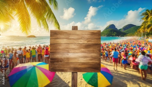 quadro de madeira vazio em frente a uma praia lotada e colorida, festa de carnaval photo