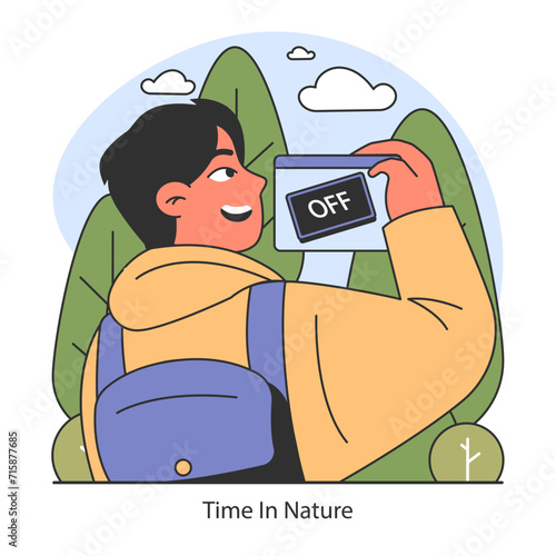 Dopamine fasting concept. Illustration of a person disconnecting from technology to enjoy the tranquility of nature. Promotes digital wellbeing. Flat vector illustration.