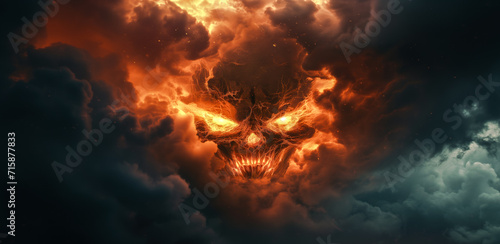 Fototapeta Naklejka Na Ścianę i Meble -  Fiery lightning devil head through the dark clouds.