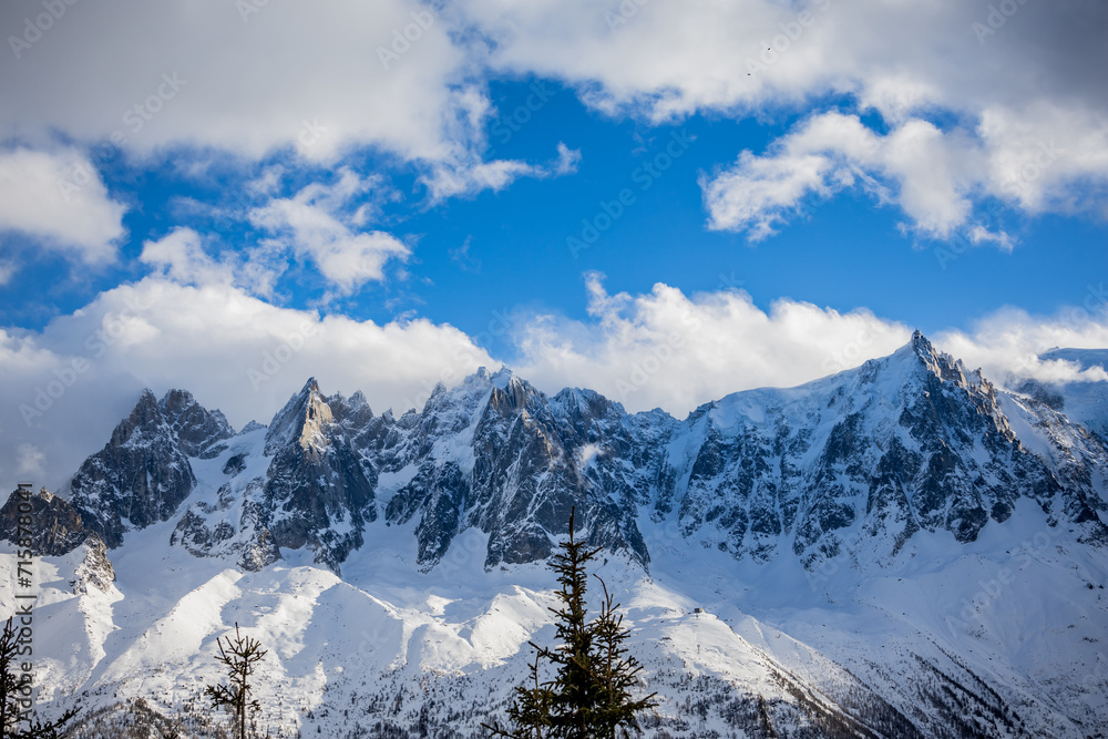 Vue sur les montagnes enneigées des Alpes Mont-Blanc depuis le Planpraz