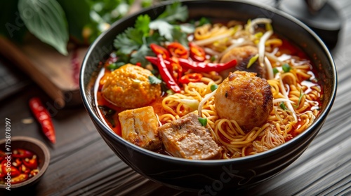 Asian curry noodles in a bowl with fish meatballs, fish pie, chicken fillet, chili paste photo