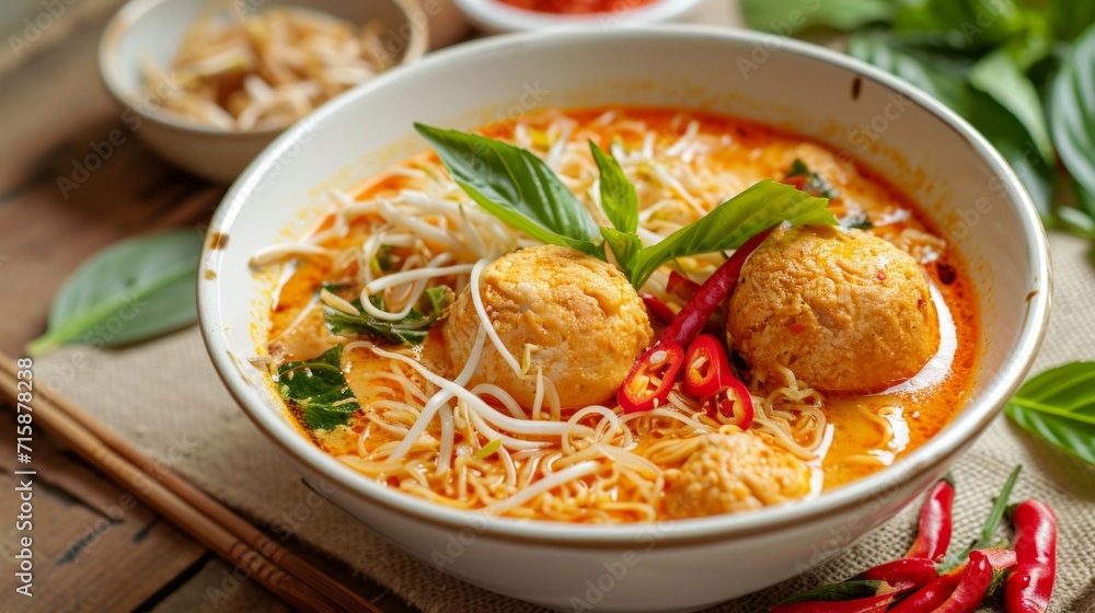 Asian curry noodles in a bowl with fish meatballs, fish pie, chicken fillet, chili paste Asian curry noodles in a bowl with fish meatballs, fish pie, chicken fillet, chili paste